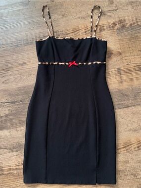 Y2K Black Mini Dress Small Leopard Trim Red Bow Bodycon Club Party Goth Sexy